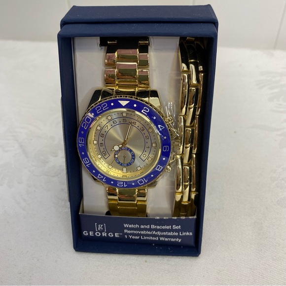 GEOGRE GOLD ADJUSTABLE/REMOVEABLE LINKS MEN'S WATCH & BRACLET SET - Picture 1 of 2